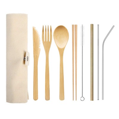 Biodegradable Bamboo Straw Toothbrush Spoon Fork Knife Travel Wooden Bamboo Cutlery Set