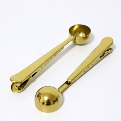 Stainless Steel Gold Round Coffee Measuring Spoon With Bag Seal Clip