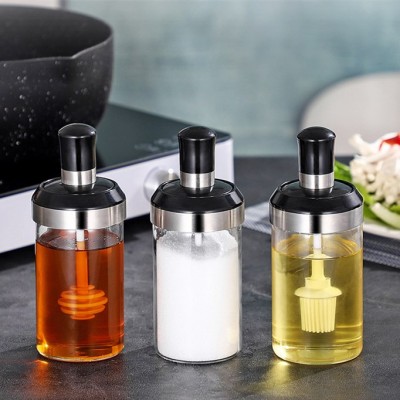 Clear Seasoning Salt Bottle Glass Shaker Bottle Jam Spice Jar Container with Spoon Brush